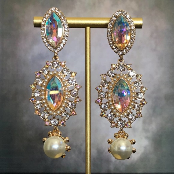 Luxurious Faux Pearl Zircon Large Statement Earrings 18k Gold Plated - Picture 2 of 8